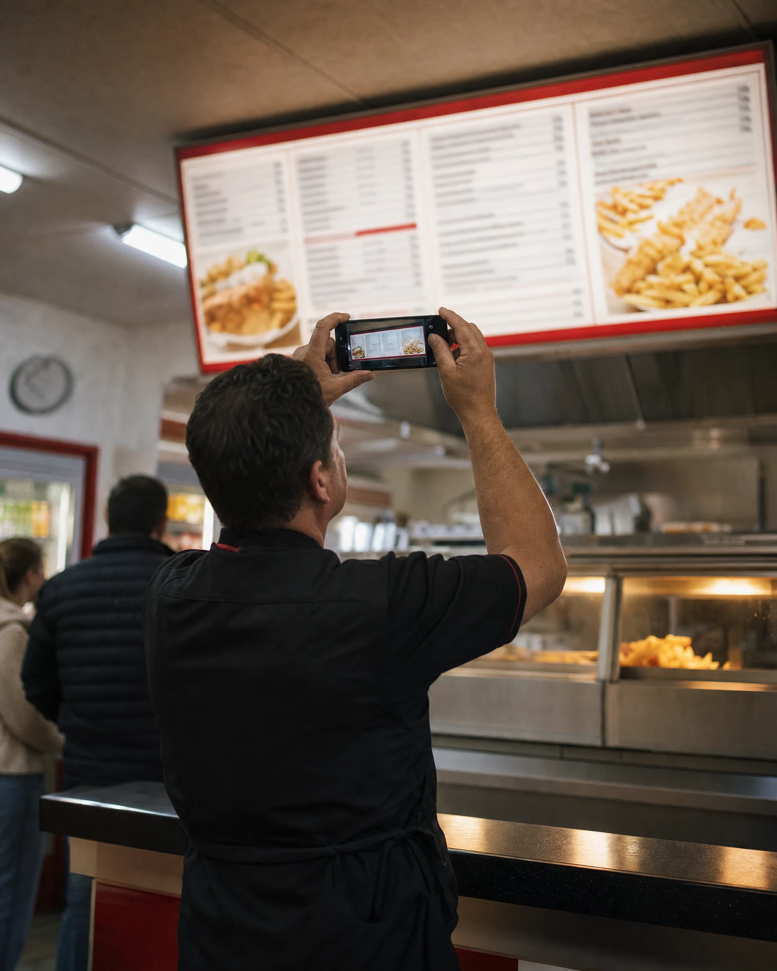 Fish and chip shop owner photographing the overhead menu board with a smartphone at the ordering counter