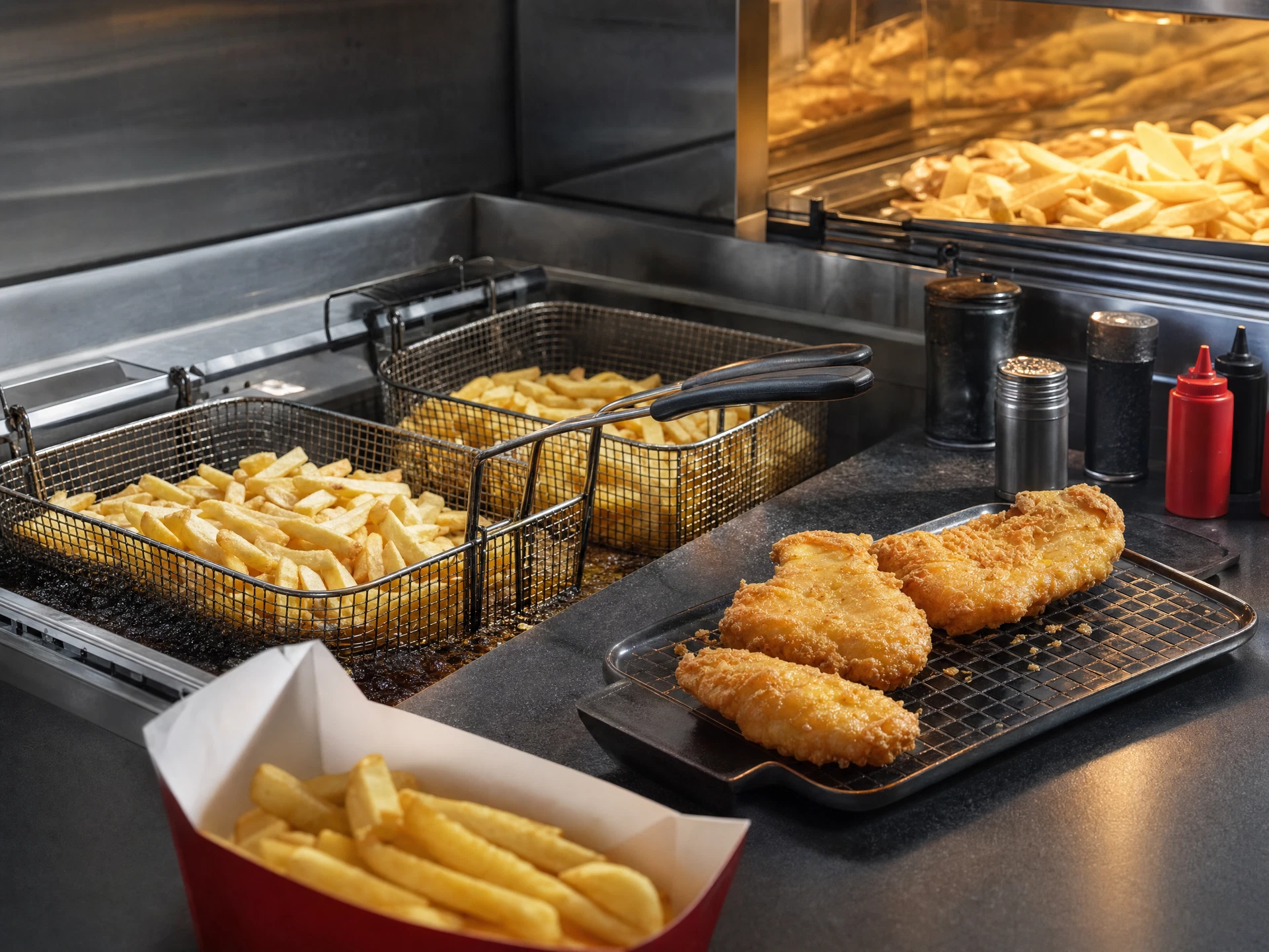 Professional fish and chip shop fry station with fish and straight cut fries