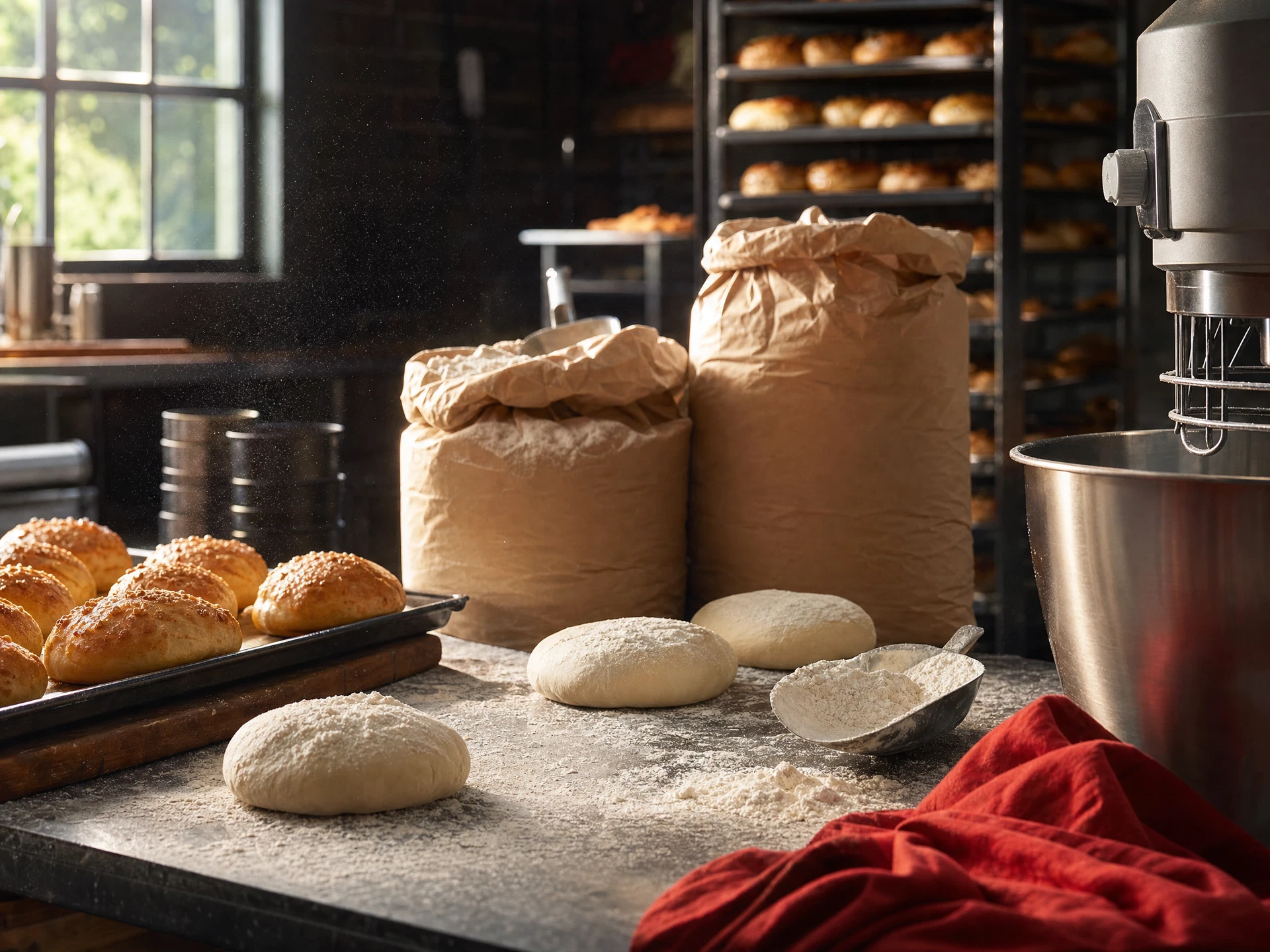 Bakery preparation bench with flour, dough and baked goods