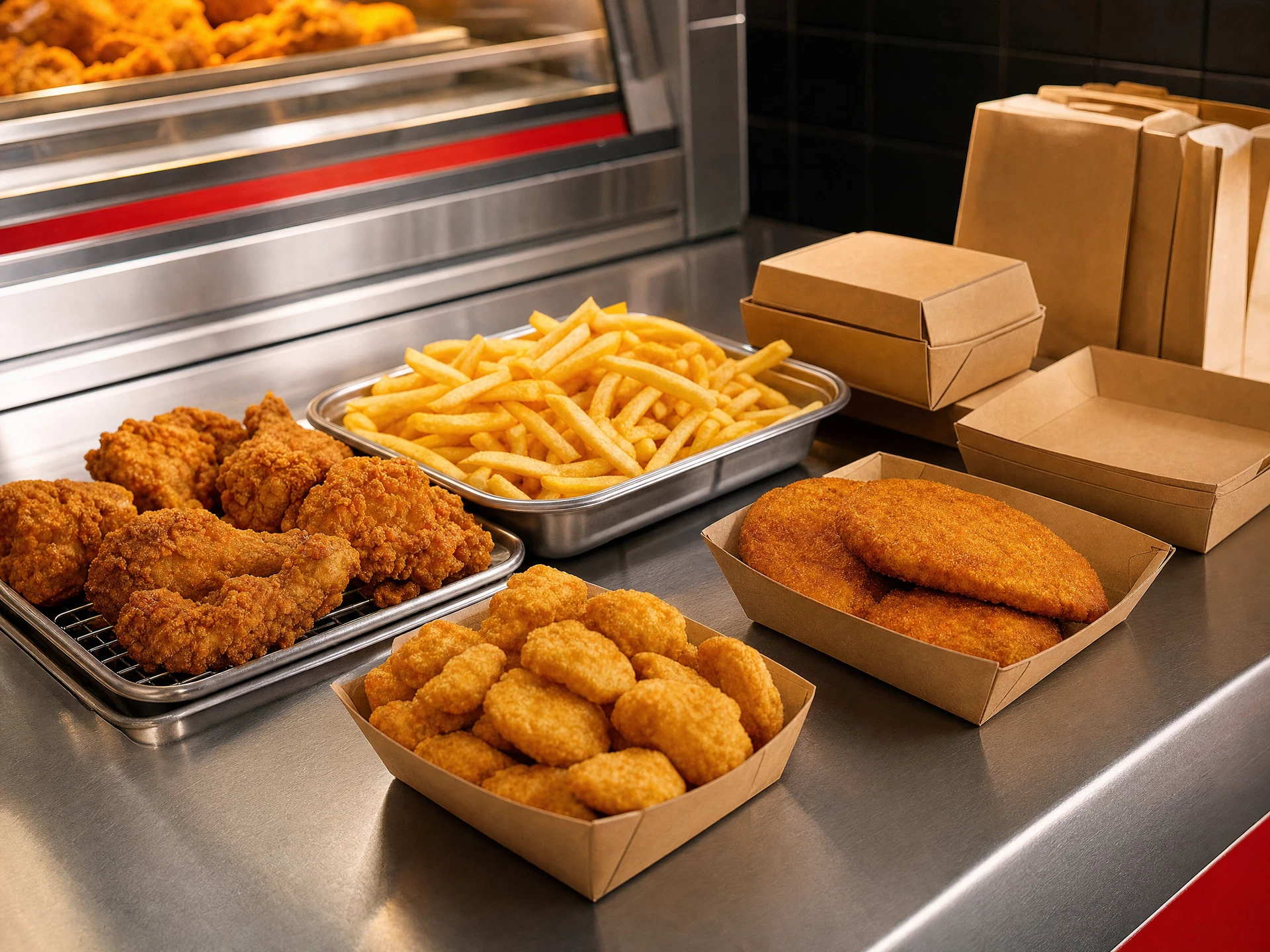 Chicken, fries and fast food staples at a professional lunchbar service bench