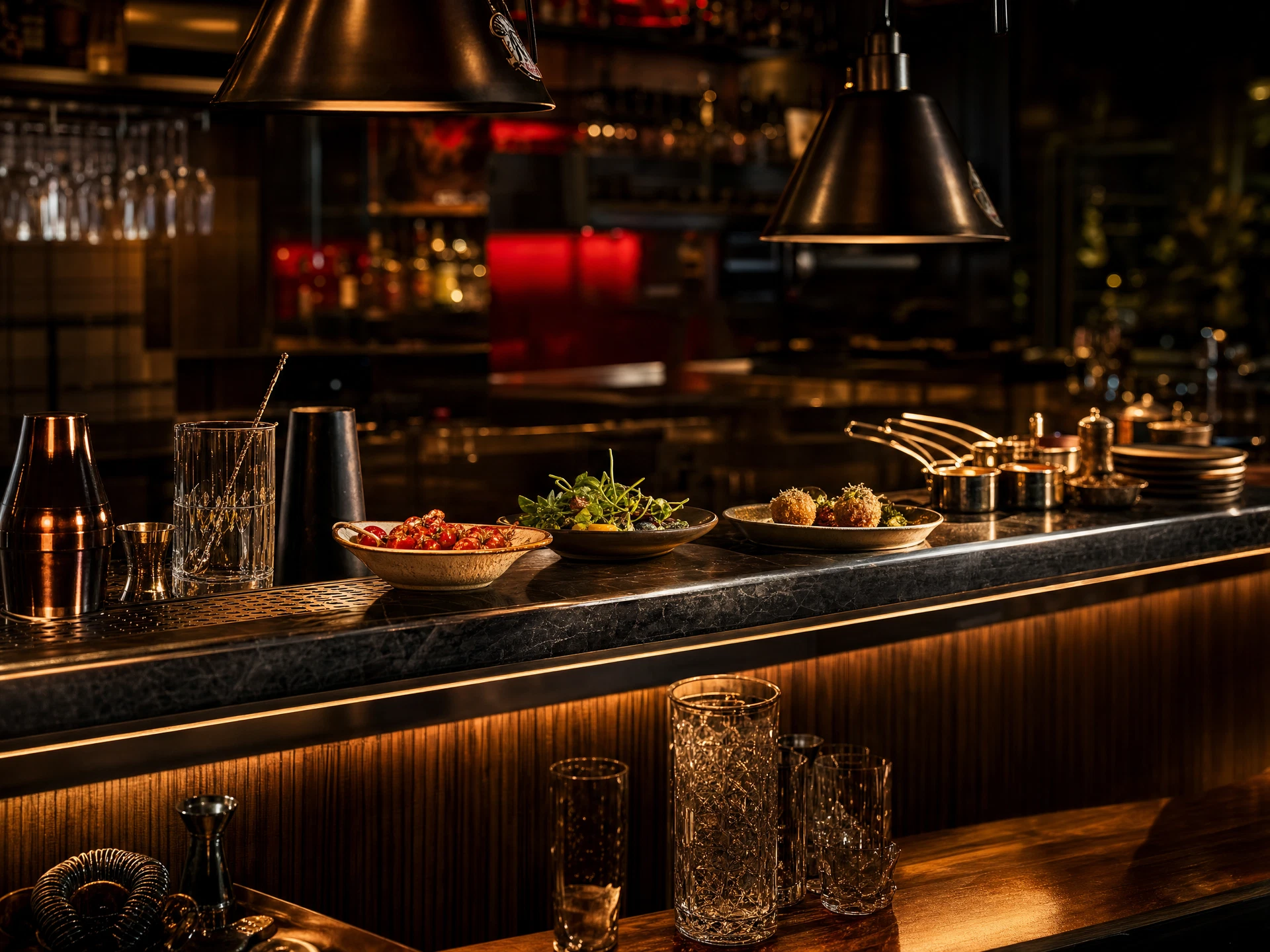 Restaurant service pass and refined bar counter in a hospitality setting